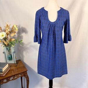 Jude Connally Nancy Geometric Print U-Neck Dress Blue Travel Knit Sz S💛